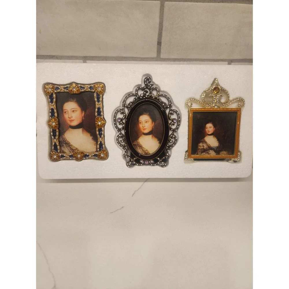 3 Hollywood Regency Mini Frames Ornate Bling Rhinestone Enameled Picture Photo